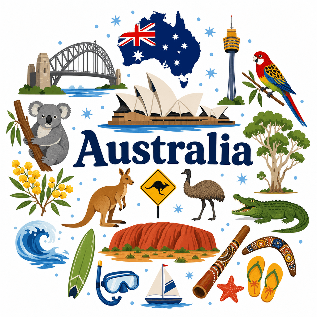 Illustrated Australian landmarks, wildlife, and culture icons arranged around the word Australia